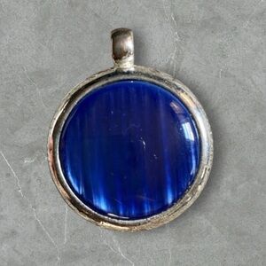 Circle Pendant Silver Tone Metal and Blue Glass